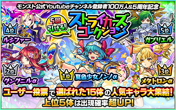 モンスト 公式youtubeチャンネル登録者数100万人突破 5周年記念 ガチャ 5回引ける ストライカーズコレクション 開催 Boom App Games